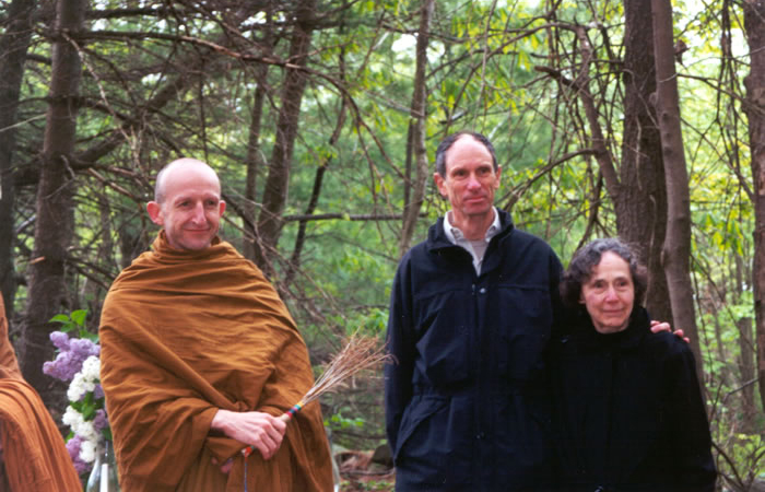 Ajahn Amaro, Joseph Goldstein and Sarah Doering at a blessing ceremony, May 16, 2001 on the site of the Forest Refuge.